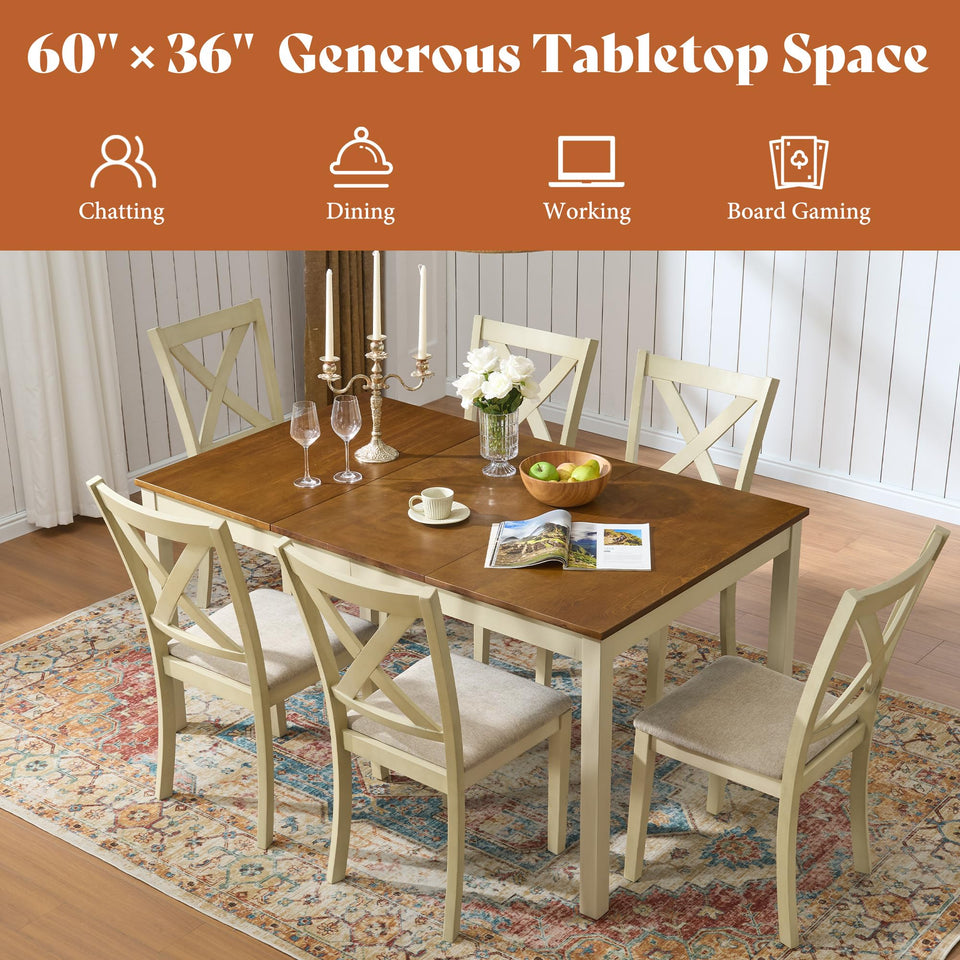 AMERLIFE 7-Piece Farmhouse Solid Wood Dining Table Set with 6 Upholstered Chairs, 60" Space Saving Dinner Table & Chairs Set, for Dining Room, Kitchen, Restaurant, Brown & White
