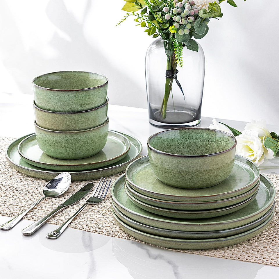 GBHOME Ceramic Dinnerware Sets for 8, 24 Pieces Stoneware Plates and Bowls Sets, Scratch Resistant Dishes, Dishwasher & Microwave Safe, Reactive Glaze-Green Wheat