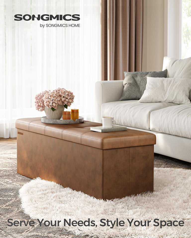 SONGMICS MAZIE Collection - 43 Inches Folding Storage Ottoman Bench, Ottoman with Storage, Foot Rest Stool, Load 660 lb, for Living Room, Synthetic Leather, Black ULSF701