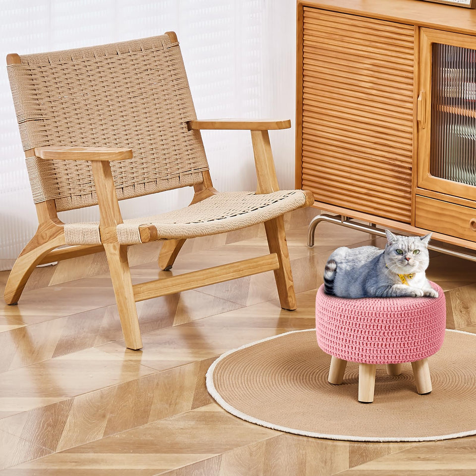 Wimarsbon Pouf Ottoman, 100% Cotton Knitted Boho Footstool, Round Footrest with Non-Skid Wood Legs, Home Décor Handmade Pouffe, Leisure Floor Step Stool for Living Room (Beige)