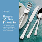 Mikasa Bravo 65-Piece Flatware Set for 12, 18/10 Stainless Steel Silverware with Full Service, Includes Forks, Knives, Spoons, and Serving Utensils
