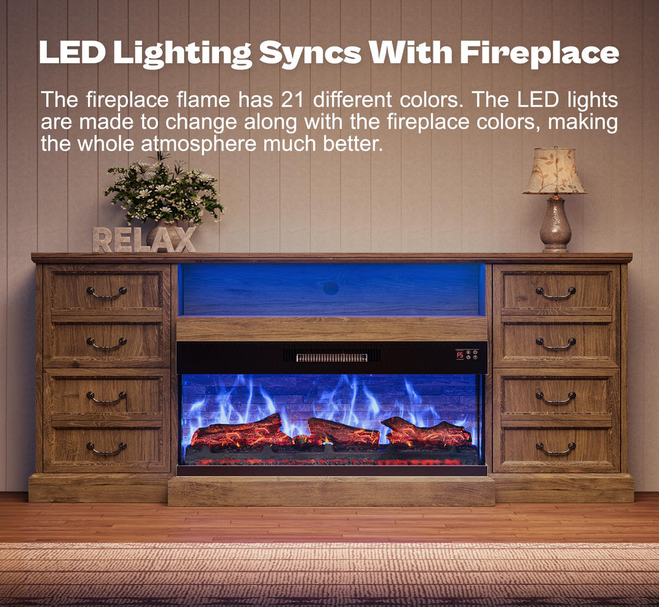 Huuger Fireplace TV Stand with LED Lights for 75 Inch TV, 3-Side Glass Fireplace Entertainment Center, 70 Inch Farmhouse Television Stands Stand with 4 Deep Drawers for Living Room, Brown