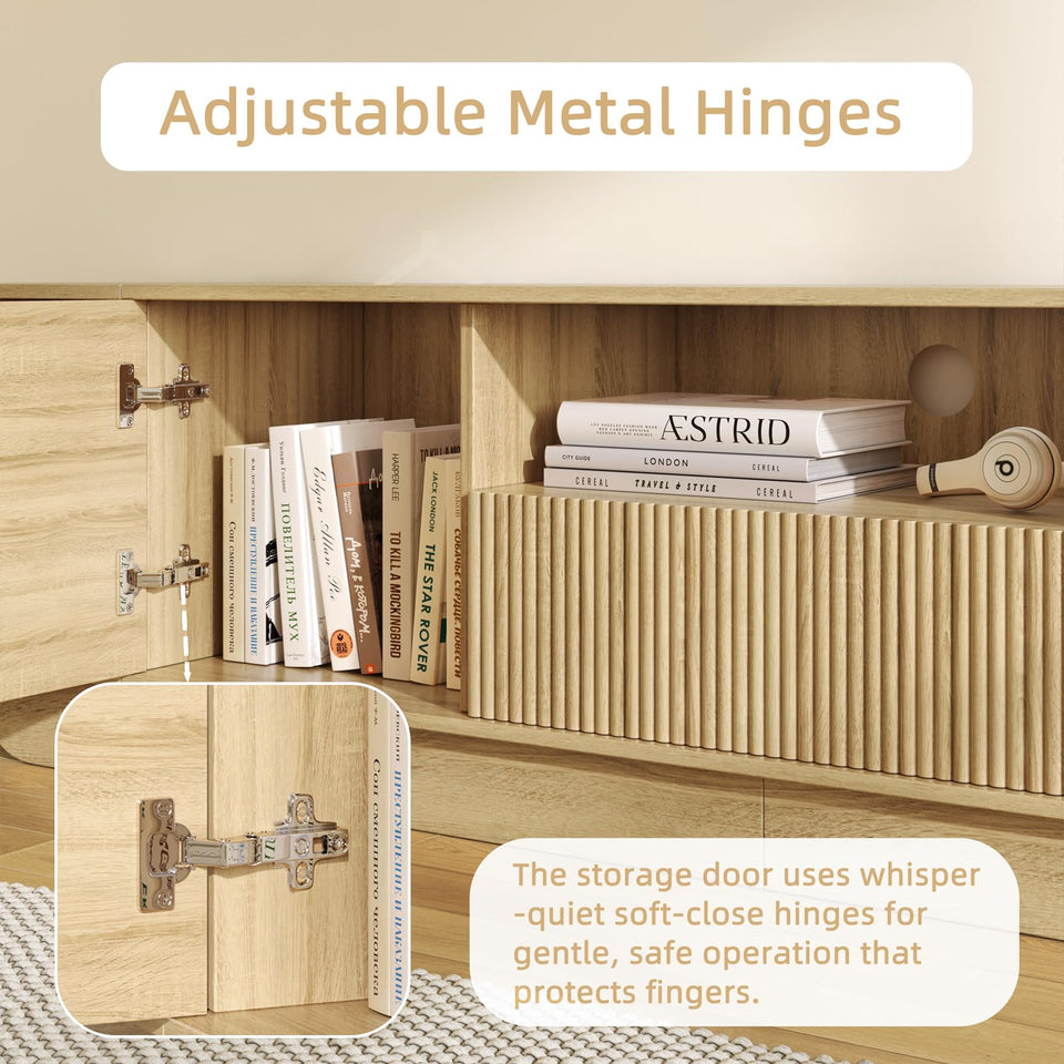 UKAOCAI 86.61'' Tambour TV Stand for 55-85 Inch, Modern Entertainment Center with Large Storage Cabinet & Open Shelves, TV Console with Sliding Doors for Living Room, Bedroom, Natural