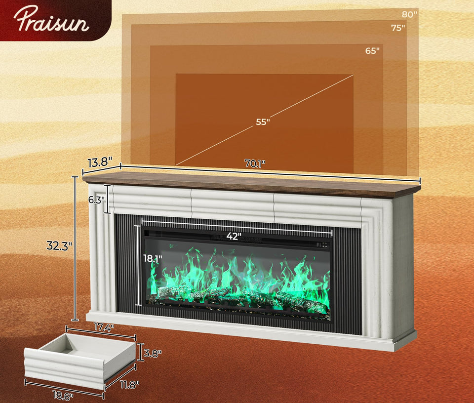 PRAISUN 70'' Fireplace TV Stand with 42'' Electric Fireplace, Farmhouse TV Stand for 65 75 Inch TV, Entertainment Center TV Console with 3 Drawers, Fluted Design, for Living Room, Distressed White