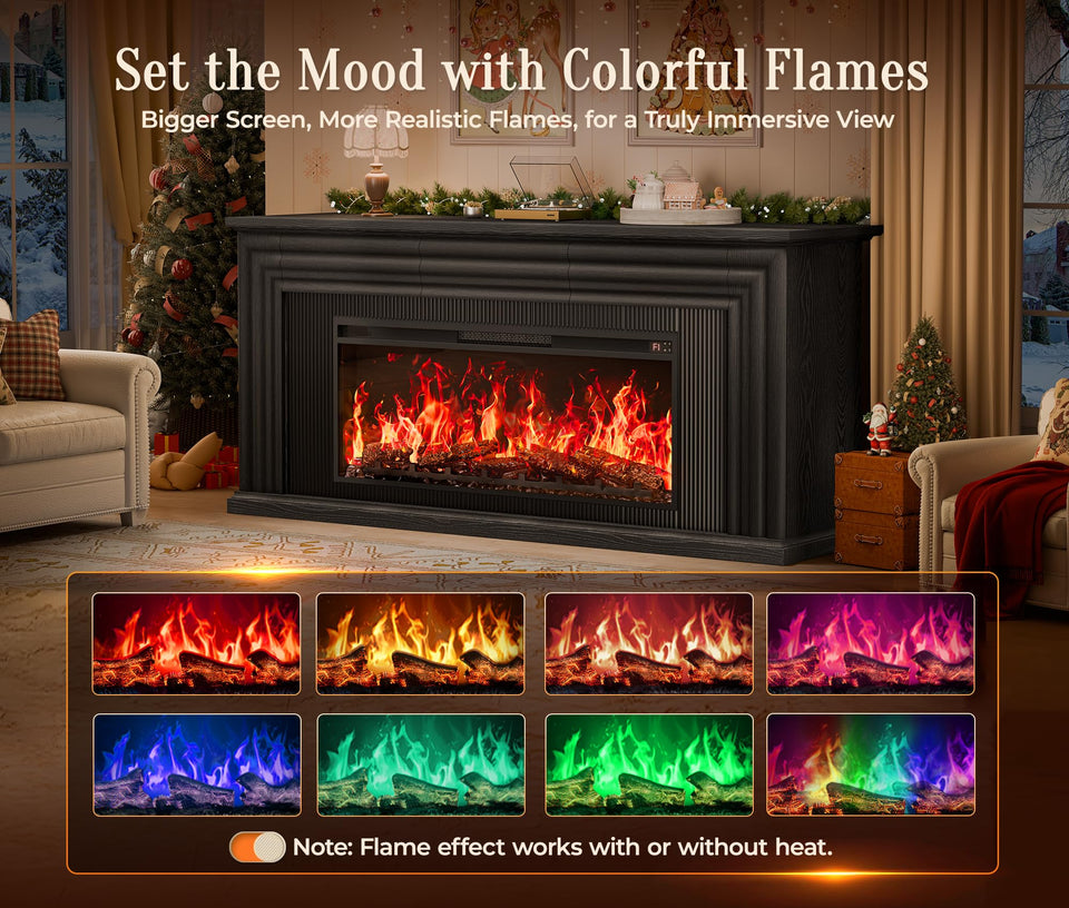 PRAISUN 70'' Fireplace TV Stand with 42'' Electric Fireplace, Farmhouse TV Stand for 65 75 Inch TV, Entertainment Center TV Console with 3 Drawers, Fluted Design, for Living Room, Distressed White