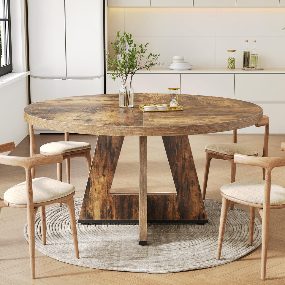 LITTLE TREE Round Dining Table for 4-6 People, 47 Inches Dining Room Table with Wooden Pedestal Base, Brown Dinner Tables, Circle Kitchen Tables for Dining Room, Kitchen, Living Room(Table Only)