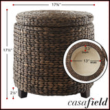 Casafield 17" Round Storage Ottoman with Lid - Natural, Handwoven Water Hyacinth Footstool for Living Room, Bedroom, Bathroom, Home Office