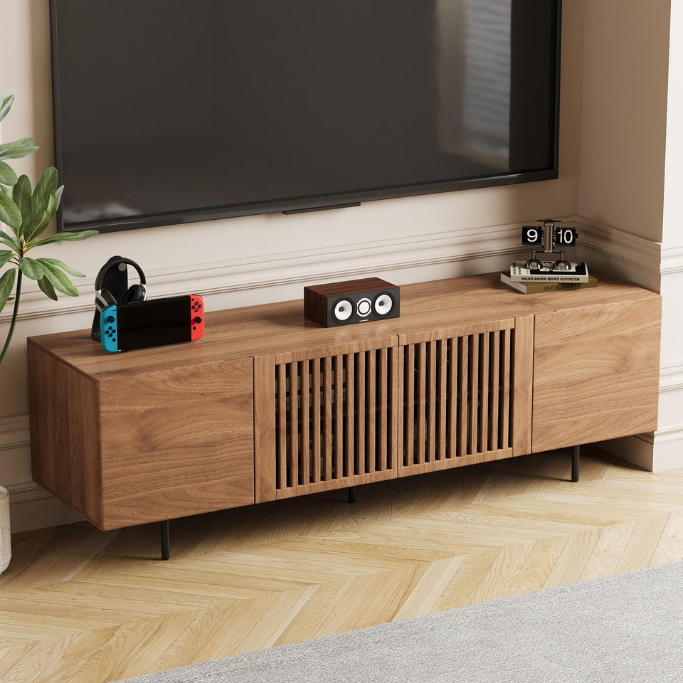 NessCarsti Mid Century Modern TV Stand for 80+ Inch TVs, 94.48" Walnut Console with Ample Storage – Stylish Entertainment Center for Living Room or Bedroom