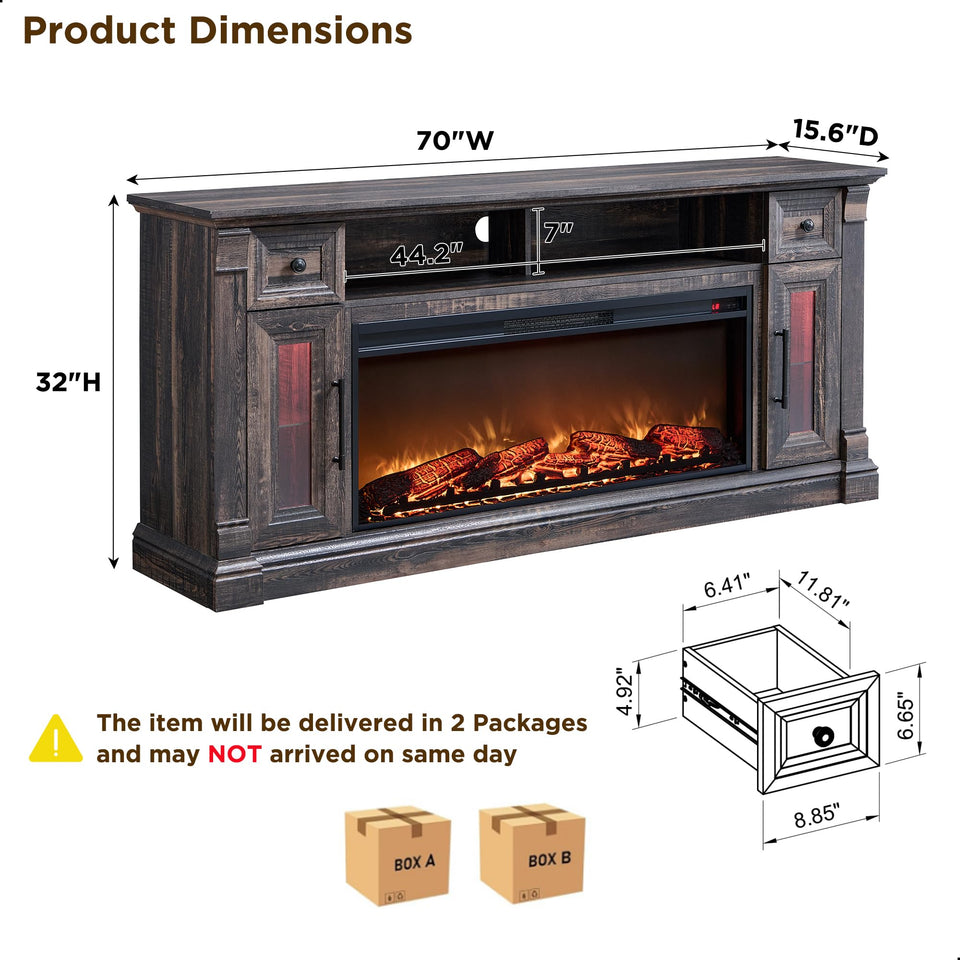 OKD Fireplace TV Stand for 80 Inch TV - Farmhouse Entertainment Center with 42" Electric Fireplace & LED Lights, Wood Media Console with Storage Drawers & Cabinets for Living Room, Antique White