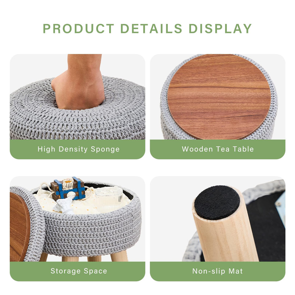 Wimarsbon Pouf Ottoman, 100% Cotton Knitted Boho Footstool, Round Footrest with Non-Skid Wood Legs, Home Décor Handmade Pouffe, Leisure Floor Step Stool for Living Room (Beige)