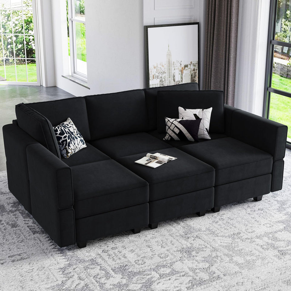 Belffin Modular Sectional Sofa with Ottomans Velvet Reversible Sleeper Chaise Bed Storage Seat Black