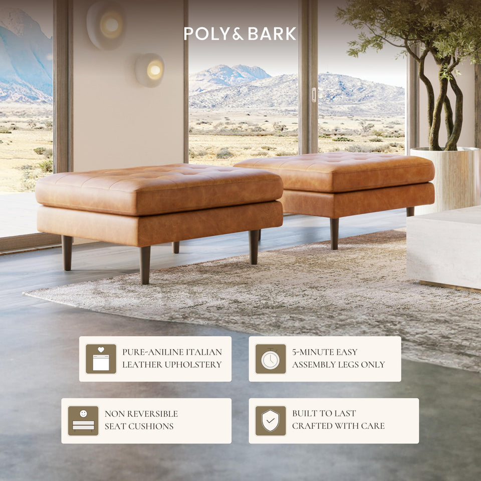 POLY & BARK Napa 72" Apartment Sofa – Italian-Tanned Full-Grain Pure-Aniline or Semi-Aniline Leather, Feather-Down Cushioning, Kiln-Dried Solid Wood Frame, Walnut Legs - Cognac Tan