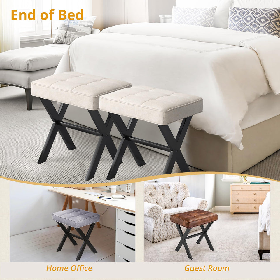 LUE BONA Square Linen Makeup Stool, Metal X Legs, Small Ottoman Stool Chair for Vanity, Modern Padded Seat Foot Rest for Makeup Room, Bathroom