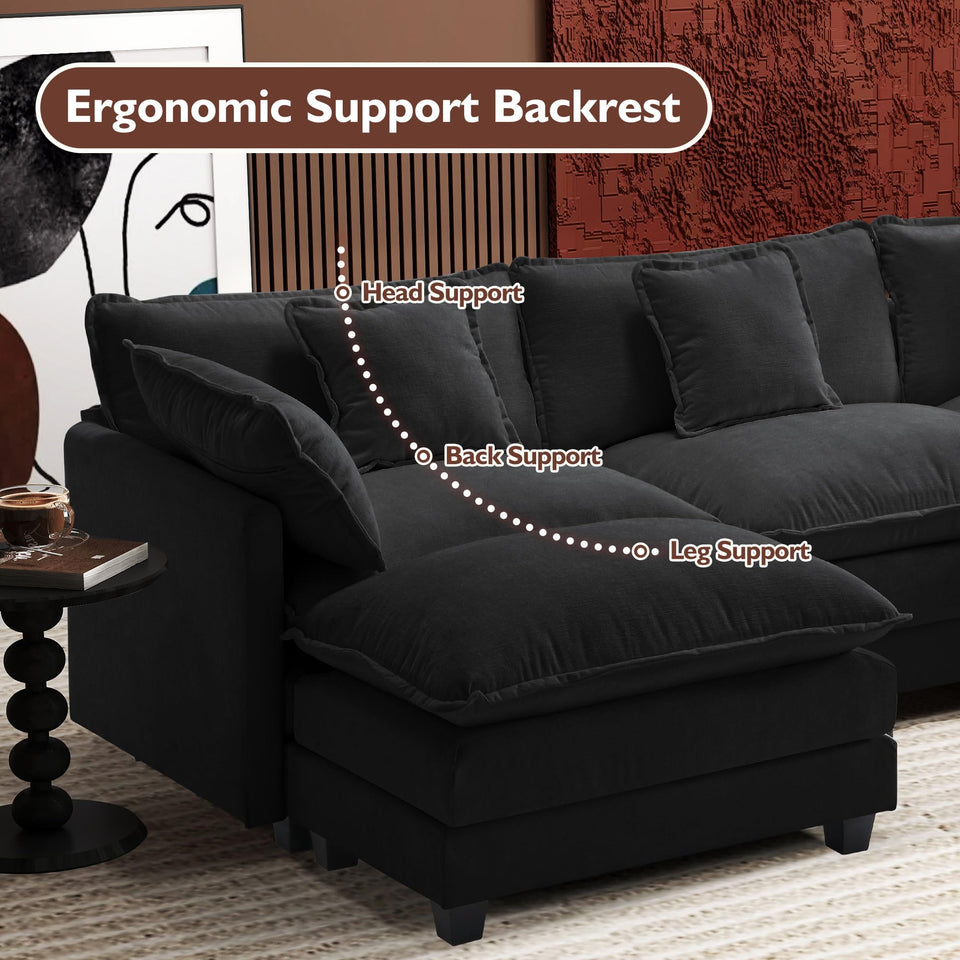 Ihanherry 146" U-Shaped Modern Sofa Modular Sectional Cloud Couch with 2 Ottoman, 6-Seat Chenille Deep Seat Sofa with 6 Pillows for Living Room, Bedroom and Apartment, Grey