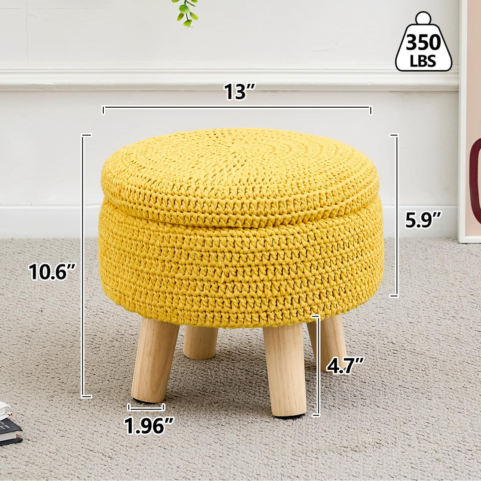 Wimarsbon Pouf Ottoman, 100% Cotton Knitted Boho Footstool, Round Footrest with Non-Skid Wood Legs, Home Décor Handmade Pouffe, Leisure Floor Step Stool for Living Room (Beige)