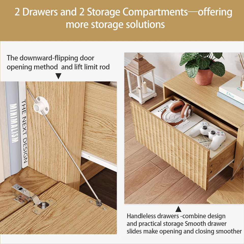 UKAOCAI 86.61'' Tambour TV Stand for 55-85 Inch, Modern Entertainment Center with Large Storage Cabinet & Open Shelves, TV Console with Sliding Doors for Living Room, Bedroom, Natural