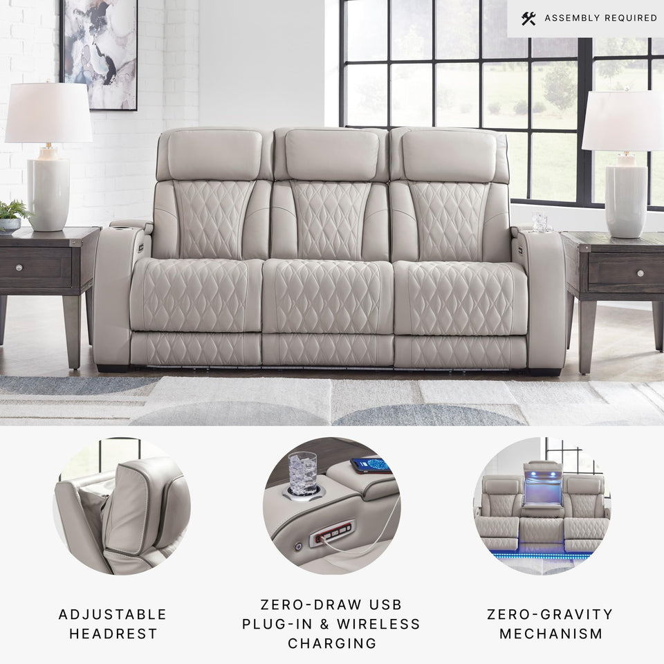 Signature Design by Ashley Boyington Contemporary Leather Match Power Reclining Sofa with USB Charging Ports, LED Lights and Adjustable Headrest, Light Gray