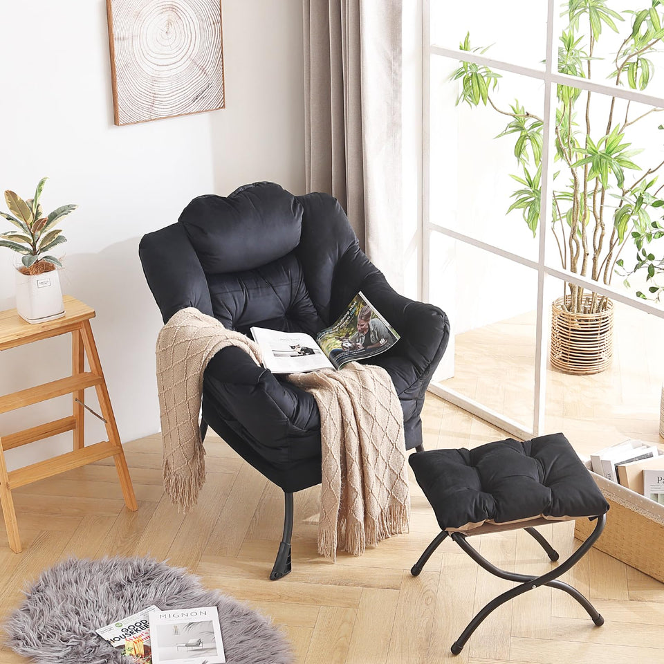 LITA Lazy Chair with Ottoman, Modern Accent Leisure Upholstered Lazy Sofa Armchair, Contemporary Lounge Reading Chair with Armrests and a Side Pocket for Living Room, Bedroom & Small Space, Dark Grey