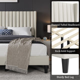 Yaheetech King Bed Frame Upholstered Platform Bed with Fabric Headboard, Wing Edge Design/Non-Slip and Noise-Free/Wooden Slats Support/No Box Spring Needed/Easy Assembly, Ivory King Bed