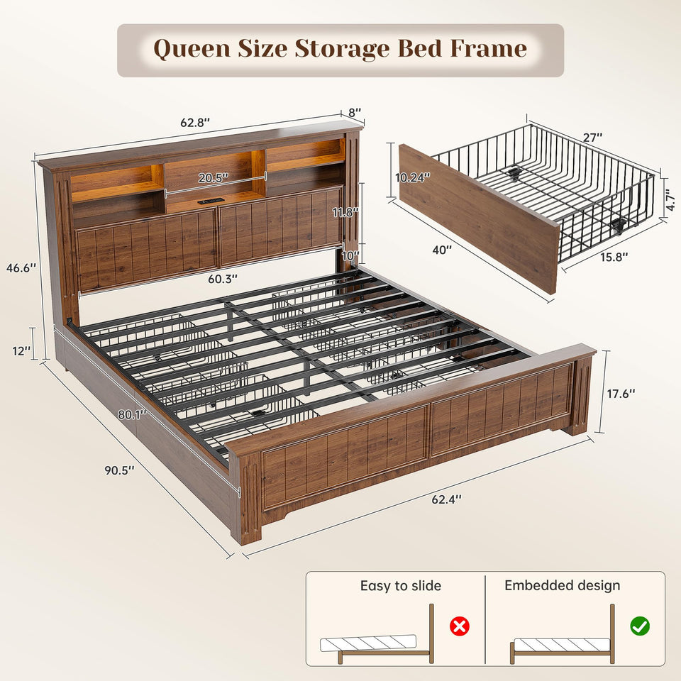 EnHomee King Size Bed Frame and Headboard & Storage, 4 Drawers and LED Built in Charging Station King Bed Frame with Storage Farmhouse,NO Noise,No Box Spring Needed,White