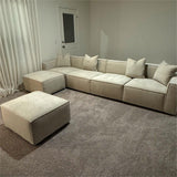 Acanva Luxury Modular Sectional Living Room Sofa Set, Modern Minimalist Style Couch with Ottoman and Chaise, L-Shape, Linen-Like Cream
