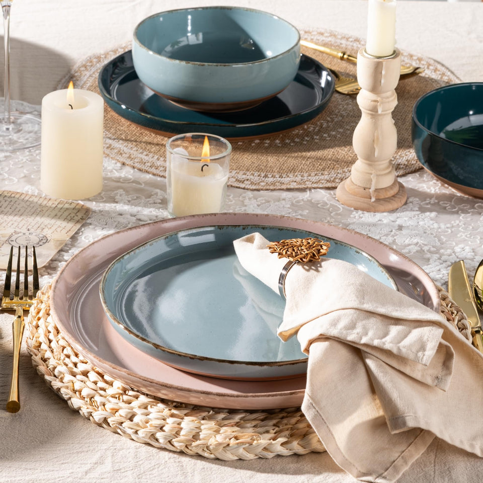 AmorArc Ceramic Dinnerware Sets for 8, 24 Pieces Handpainted Plates and Bowls Set with Rustic Terracotta Underside, Scratch Resistant Stoneware Dishes Set, Dishwasher & Microwave Safe, Light Beige