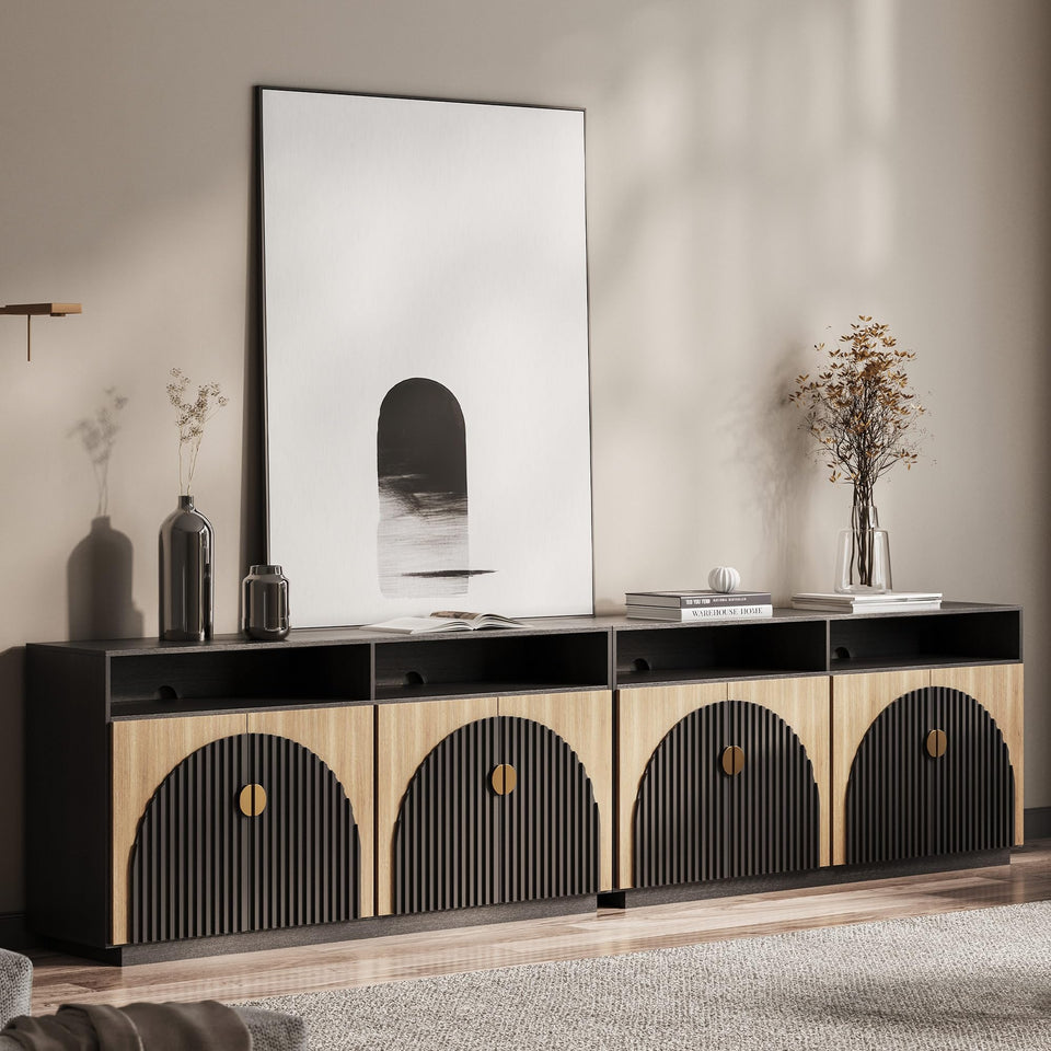 BELLEZE 65 Inch Fluted Buffet Cabinet with Storage, Symmetrical Arc Accent Sideboard Large Console Table for Dining Room, Kitchen, and Living Room (Caramel Brown)