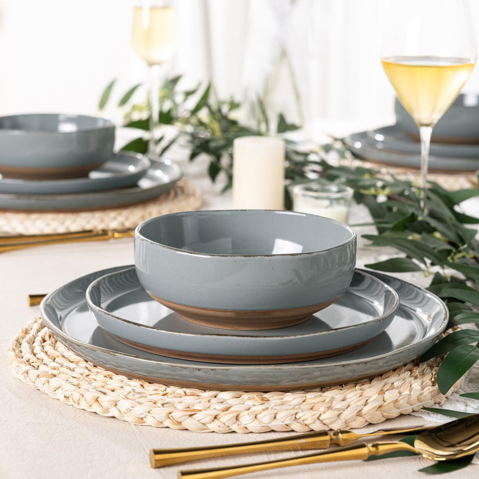 AmorArc Ceramic Dinnerware Sets for 8, 24 Pieces Handpainted Plates and Bowls Set with Rustic Terracotta Underside, Scratch Resistant Stoneware Dishes Set, Dishwasher & Microwave Safe, Light Beige