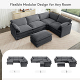 ROWHY 150'' Modular Sectional Sofa Cloud Couch, Corner Sofa Big Comfy Corduroy Oversized L Shaped Couch with 4 Pillows, Chaise, Ottoman, Deep Seat Couches for Living Room Office, Dark Grey