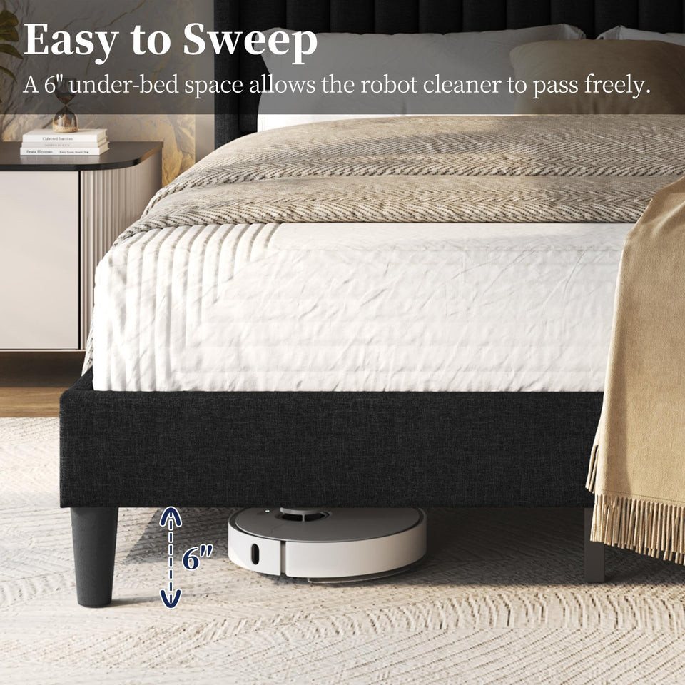 Yaheetech King Bed Frame Upholstered Platform Bed with Fabric Headboard, Wing Edge Design/Non-Slip and Noise-Free/Wooden Slats Support/No Box Spring Needed/Easy Assembly, Ivory King Bed