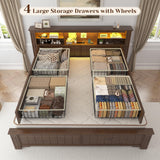 EnHomee King Size Bed Frame and Headboard & Storage, 4 Drawers and LED Built in Charging Station King Bed Frame with Storage Farmhouse,NO Noise,No Box Spring Needed,White