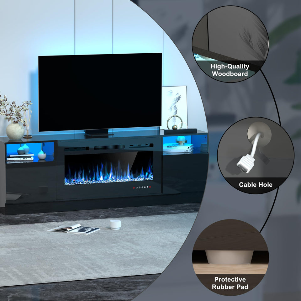 OUTGUAVA Fireplace TV Stand for 80 Inch TV, TV Stand with 36" Fireplace, LED Light Entertainment Center with Storage Cabinets, Media TV Console TV Table for Living Room, Black
