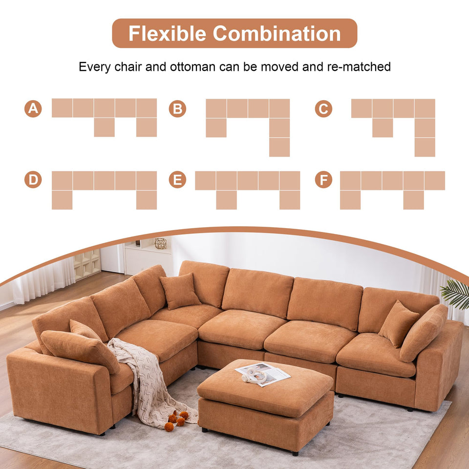 Tmsan 129.3" Oversized Modular Sectional Sofa, U Shaped Couch with Movable Ottoman, Large 7 Seat Corner Couches for Living Room, Spacious Space, Beige