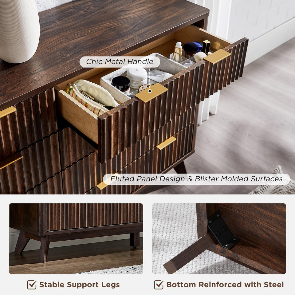 T4TREAM Fluted 7 Drawers Dresser, 54" Wide Modern Chest of Drawers with Faux Marble Top, Curved Profile Design, Dresser TV Stand, Wood Drawer Organizer for Bedroom, Living Room, Hallway, Natural Oak