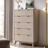 T4TREAM Fluted 7 Drawers Dresser, 54" Wide Modern Chest of Drawers with Faux Marble Top, Curved Profile Design, Dresser TV Stand, Wood Drawer Organizer for Bedroom, Living Room, Hallway, Natural Oak