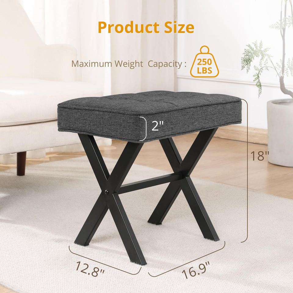 LUE BONA Square Linen Makeup Stool, Metal X Legs, Small Ottoman Stool Chair for Vanity, Modern Padded Seat Foot Rest for Makeup Room, Bathroom