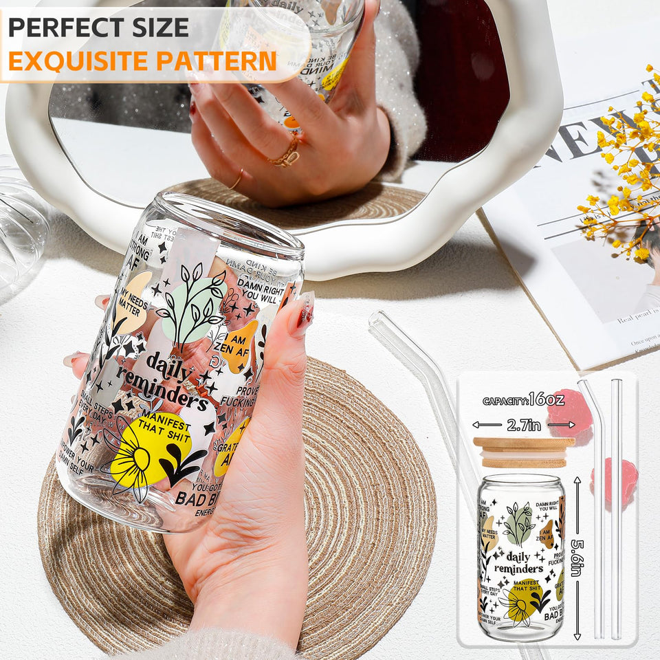 DWTS DANWEITESI Glass Cups with Lids and Straws 4 pcs,16oz Drinking Glasses Set for Coffee Bar Accessories,Iced Coffee Cups with Lids,Matcha Cup Glass Tumbler Reusable for Gifts