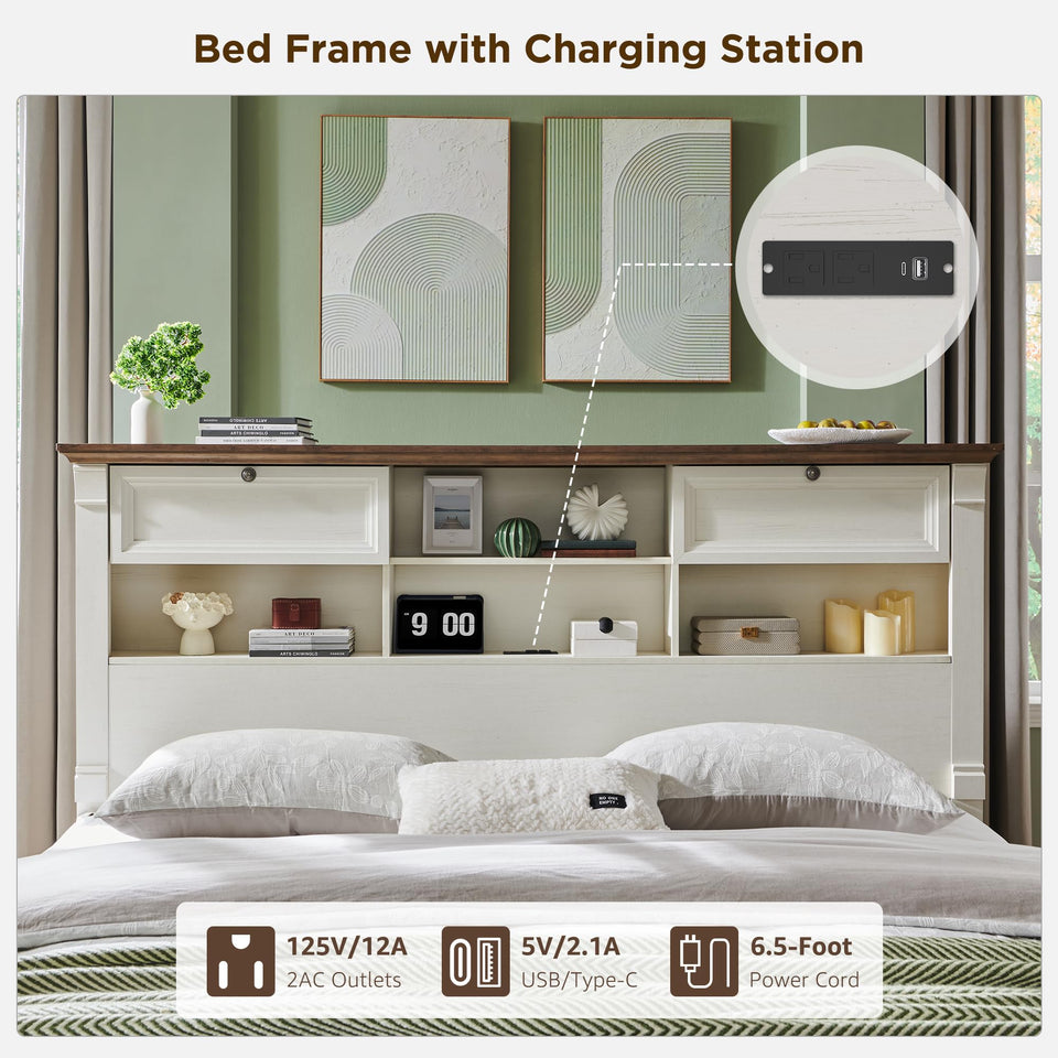 Farmhouse King Size Bed Frame with 54" Tall Storage Bookcase Headboard, Wood Platform Bed Frame with 2 Drawers & 18" Tall Roman Column Decoration Footboard, No Box Spring Needed(Antique White)