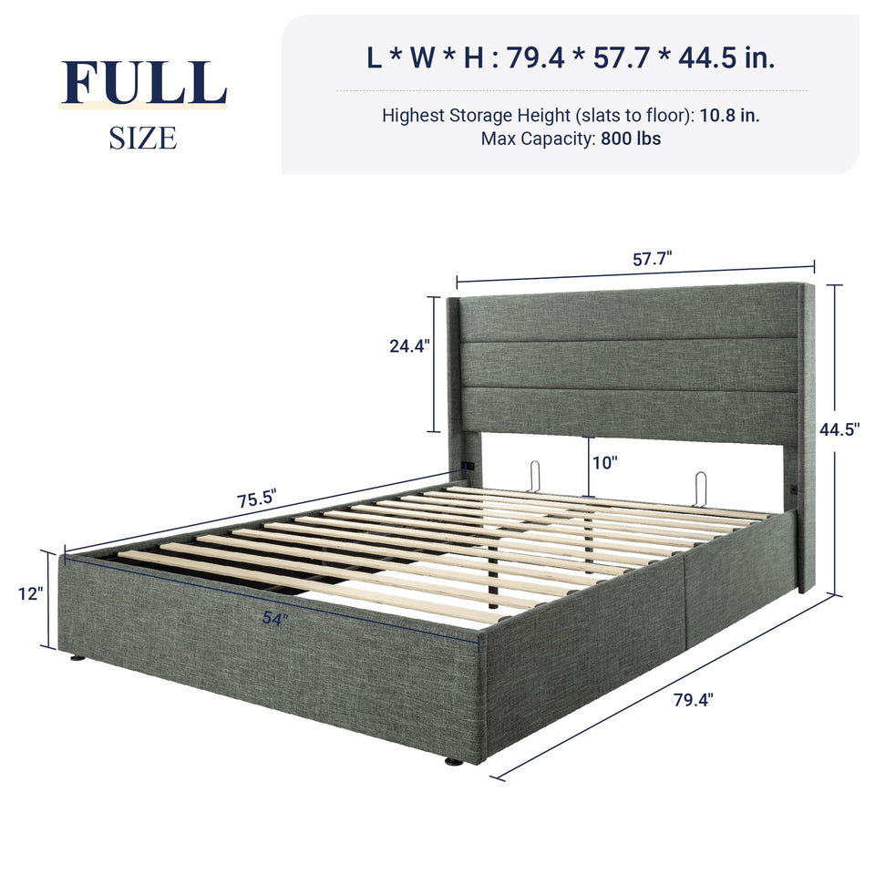 Allewie King Size Lift Up Storage Bed, Modern Wingback Headboard, Hydraulic Support, No Box Spring Needed, Light Beige