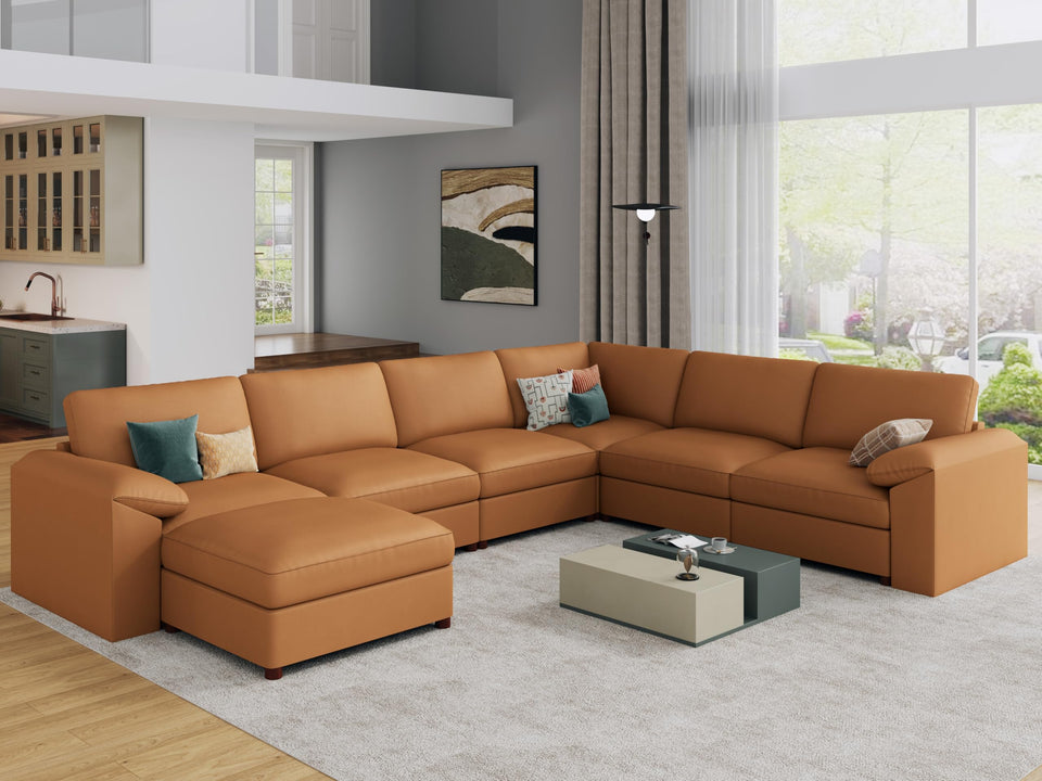 EASE MOOSE Leather Sectional Couch, Oversized Modular Sectional Sofas, Wide Deep Seat Modular Couch, Scratch Resistant Faux Leather Material, L Shaped Sofa for Big Spaces,Beige