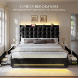 YITAHOME King Size Bed Frame with 4 Drawers and RGB LED Lights, Velvet Upholstered Platform Bed with Charging Station and Storage Headboard, No Box Spring Needed, Easy Assembly, Noise-Free, Black