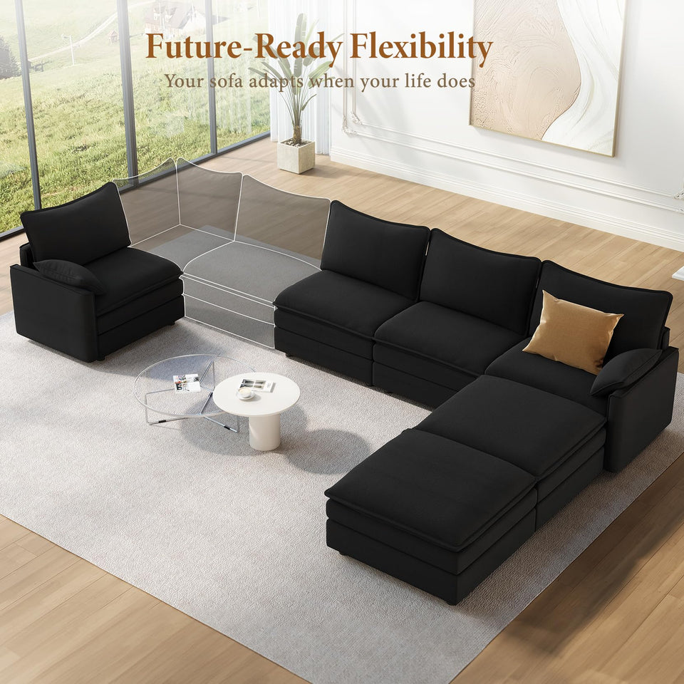 Vesgantti 142" U Shaped Sectional Couch, Comfy Cloud Modular Sectional Sofa with 2 Ottoman Deep Seat Chenille Modern Cloud Sofa, Modular Sofas for Living Room, Bedroom and Apartment, Beige