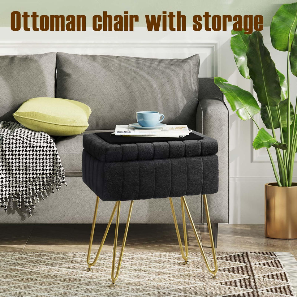 Greenstell Vanity Stool Chair Faux Fur with Storage, 15.7"L x 11.8"W x 19.4"H Soft Ottoman 4 Metal Legs with Anti-Slip Feet, Furry Padded Seat, Modern Multifunctional Chairs for Makeup, Bedroom Pink