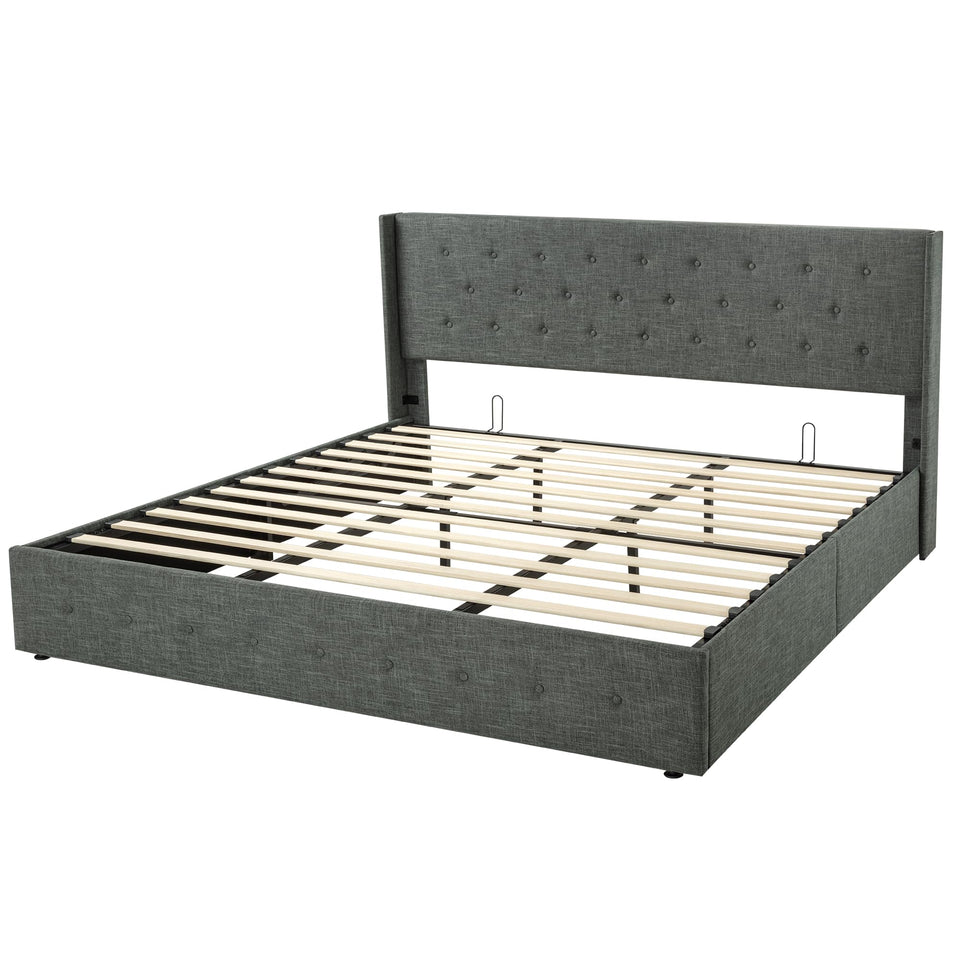 Allewie King Size Lift Up Storage Bed, Modern Wingback Headboard, Hydraulic Support, No Box Spring Needed, Light Beige