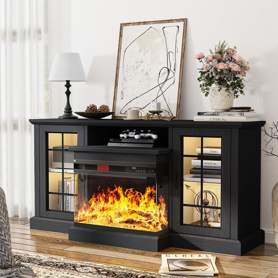 oneinmil 36 Inch 3-Sided Glass Fireplace TV Stand for TVs up to 80", Rustic Media Entertainment Center Console Table with Glass Door Closed Storage, Set of TV Table, White