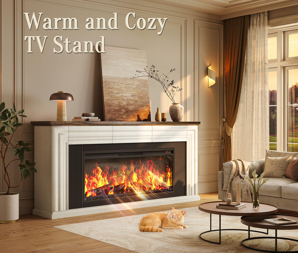 PRAISUN 70'' Fireplace TV Stand with 42'' Electric Fireplace, Farmhouse TV Stand for 65 75 Inch TV, Entertainment Center TV Console with 3 Drawers, Fluted Design, for Living Room, Distressed White