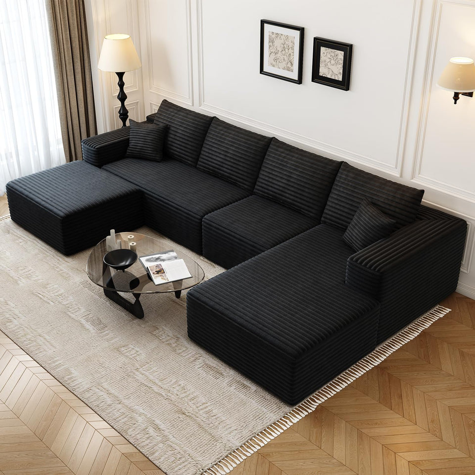 135.4" Cloud Modular Sectional Couch with 1 Ottoman,Modern Minimalist Upholstered Couches, Comfort U Shaped Sofa for Living Room,Deep Seat Corner Couch，No Assembly Required (Black,Left Facing Chaise)