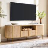 OKD Luxury 70" Fluted TV Stand, Modern Chic Entertainment Center for TVs Up to 80 inches, TV Console with Faux Marble Top, Curved Profile Design, Media Console for Living Room, Natural Oak