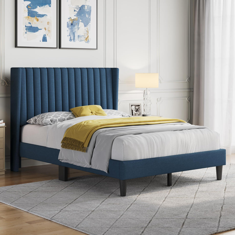 Yaheetech King Bed Frame Upholstered Platform Bed with Fabric Headboard, Wing Edge Design/Non-Slip and Noise-Free/Wooden Slats Support/No Box Spring Needed/Easy Assembly, Ivory King Bed