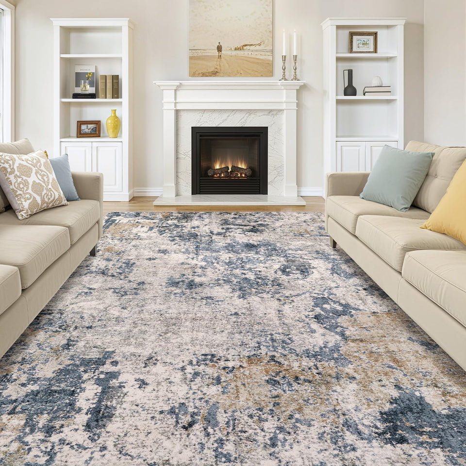 Area Rugs for Living Room: 12x15 Abstract Washable Rug Modern Neutral Large Soft Stain Resistant Non-Slip Backing Machine Table for Bedroom Dining Room Indoor Home Office Carpet - Gold Brown